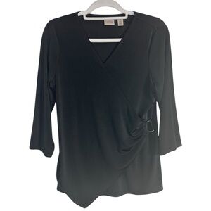 Chicos easywear faux wrap asymmetrical buckle detail 3/4 sleeve top black medium